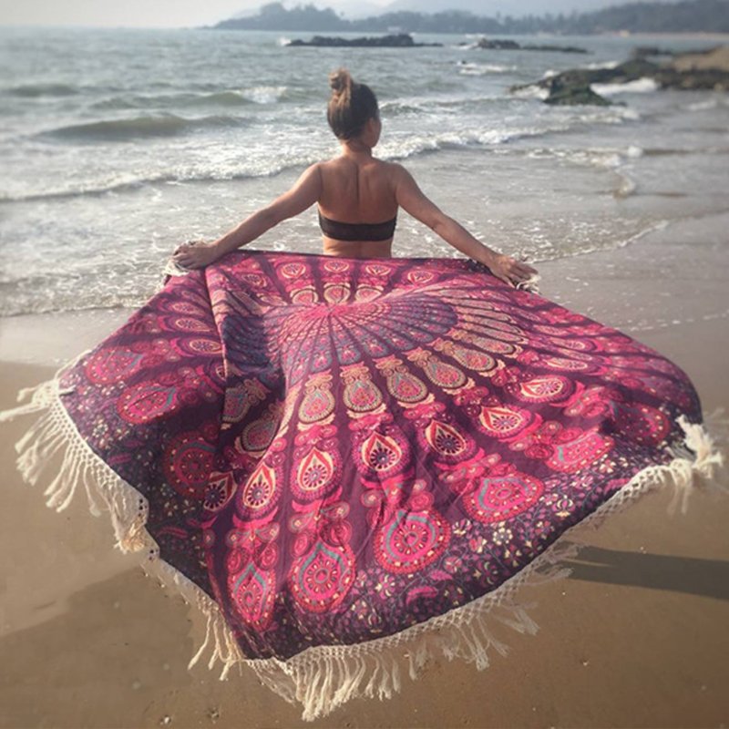 Multi Purpose Use Custom Printed Sand Free Extra Large 100%Polyester Microfiber Round Towel with Fashionable White Tassels for Beach Use