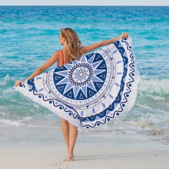 Sublimation Printing Boho Circle Beach Towel Blanket, Quick Dry Large Size 100%Polyester Microfiber Round Beach Towel with White Tassels