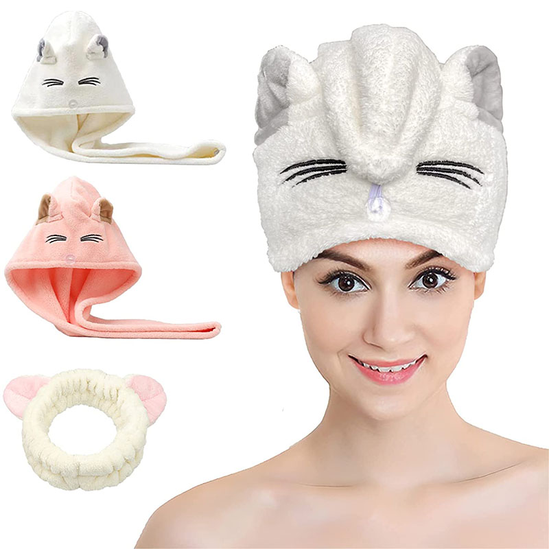 Hair Drying Towel wrap with cat Ear,Microfiber Hair Towel Quick Drying Hair for Women and Kid Girls ,Super Absorbent Quick Dry Bath Shower Dry Head Turban with Button