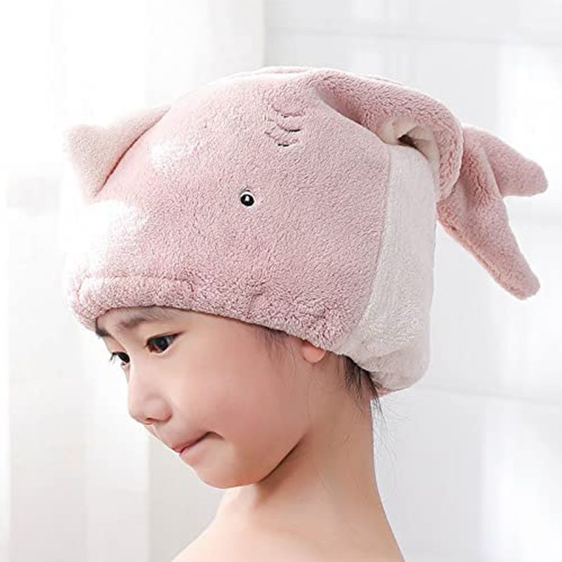 Hair Drying Towel for Kids Girls,  Cute Cartoon Absorbent Quick Drying Bath Wrap Set for Bathing, Spa, Swimming Pool, Soft Microfiber Cap for Curly Long & Wet Hair, Pink