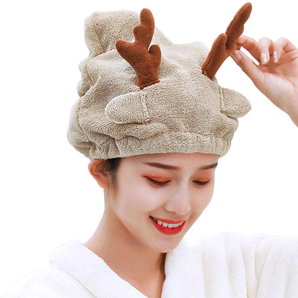 Microfiber Hair Towel Wrap Fast Drying Hair Turban Shower Cap Soft Absorbent Cute Cartoon Dry Hair Hat for Women Wet Longer and Thicker Hair, Brown